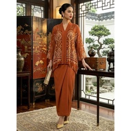 2-Piece Muslimah Kurung Dress Set - Fabric Straps Tieable, Loose Fit, Long Sleeves, Elegant Print
