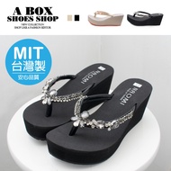 Plaid Shop * [KNM915T] Front 3.5cm Rear 7cm Wedge Flip-Flops Rhinestone Gem Decoration Round Head Th