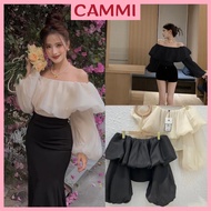 Off-the-shoulder blouse with puffy sleeves made of sponge chiffon, lady's dumpling-style blouse HA45