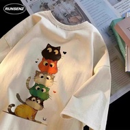 M-8XL Korean Cute Stacked Cat Print Oversize T-Shirt for Men