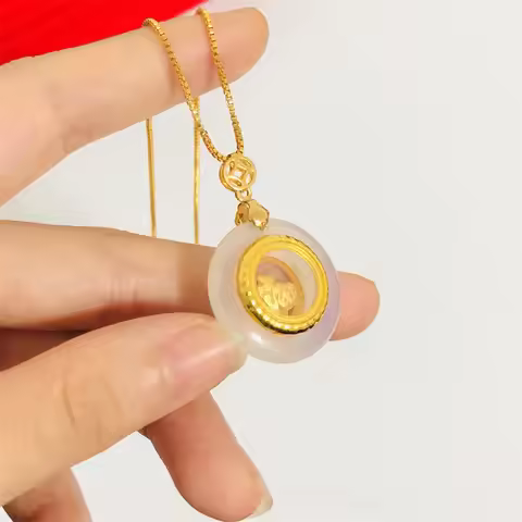 Luxury 24K real gold jewelry rotating Fuzi women's au9999 gold inlaid jade box necklace fashion