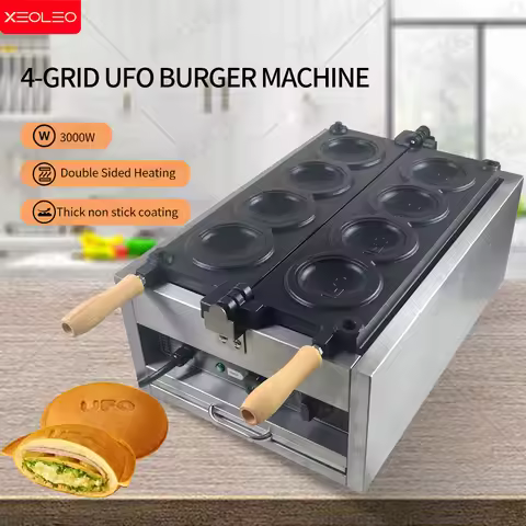 XEOLEO Electric 4PCS UFO Burger Maker Machine 3000W Hamburg Gelato Panini Press Machine UFO Shape Ic