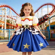 Girls Western Cowgirl Short Puff Sleeve Princess Party Dress Cow Print Skirt for Birthday performanc