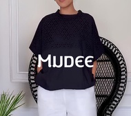 MUDEE เสื้อคอกลมแต่งลูกไม้ เอวจัมพ์ สีดำ