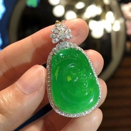 I Burmese Ice Jade Floating Green Ruyi 925 Silver Inlaid Jade Pendant Full Color Yang Green Ruyi Bud