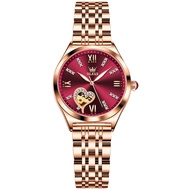 OLEVS 6636 Women Fashion Mechanical Watch Gift Round-dial Genuine Leather Watchband Wristwatch