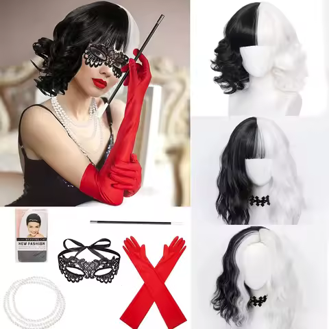 Anime Cruella de Vil Cosplay Wig Props Cruly Half Black And Half White Heat Resistant Hair Wigs Mask