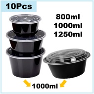 10pcs Black Round Container with Flat Clear Lid 800ml 1000ml 1250ml Take Away Food Container Soup No