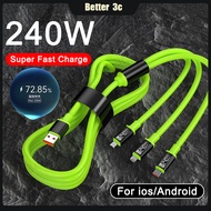 3 in 1 USB to ios/Type C/Micro Data Cable 240W Super Fast Charging Cable 0.3M/1.2M/2M Soft Silicone 