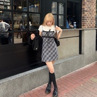 Muun Studio Hanni Airport Flat Style French Retro Black Gray Checked Lace Stitching One-Piece Dress