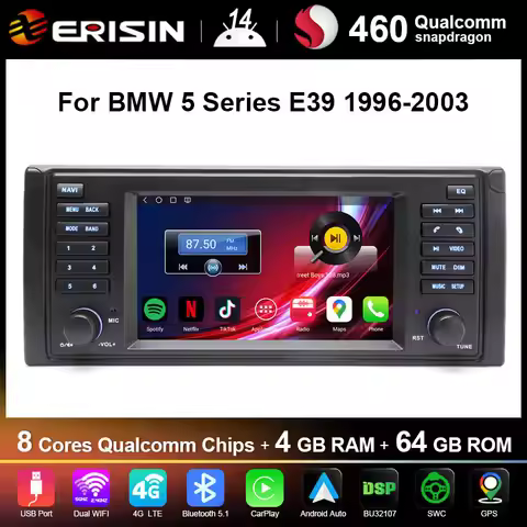 Erisin ES6639B Android 14 Car Stereo for BMW 5 Series E39 1996-2003 GPS Navi Sat CarPlay Auto Radio 