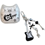 Sarung Fon Telinga Kucing Comel untuk Airpods 4, Reka Bentuk Estetik Anime Kucing Gitar Kartun yang 