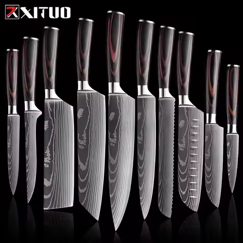 XITUO Chef knife 1-10Pcs Kitchen Knives Set Laser Damascus Pattern Ultra-Sharp Santoku Knife Cleaver