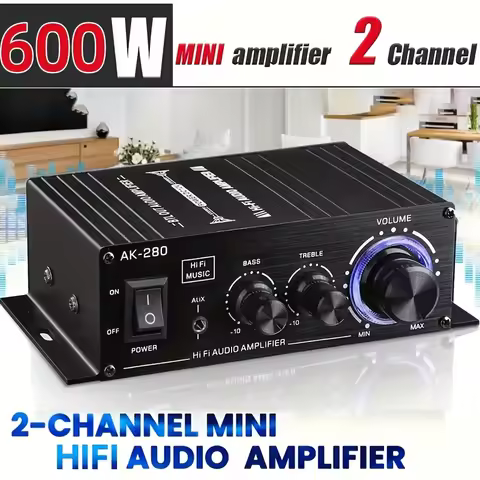 1pc 600W 2 Channel Mini HiFi Stereo Amplifier, AK280 Compact Audio Power Amplifier, 2.0 Channel Clas