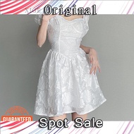 COM fairy air mesh jacquard bubble short-sleeved dress feminine square collar exposed collarbone high waist thin fluffy A-line skirt