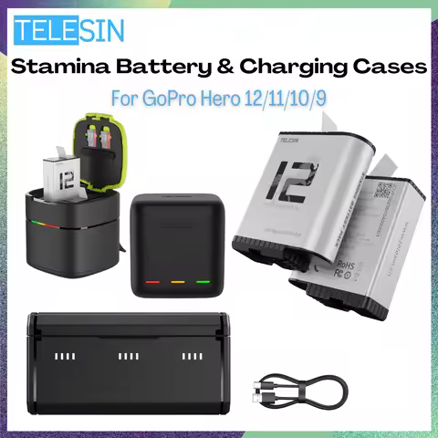 TELESIN Stamina Battery Pack For GoPro Hero 11 12 10 9 Battery Charger Fast Charging Box Case For Go