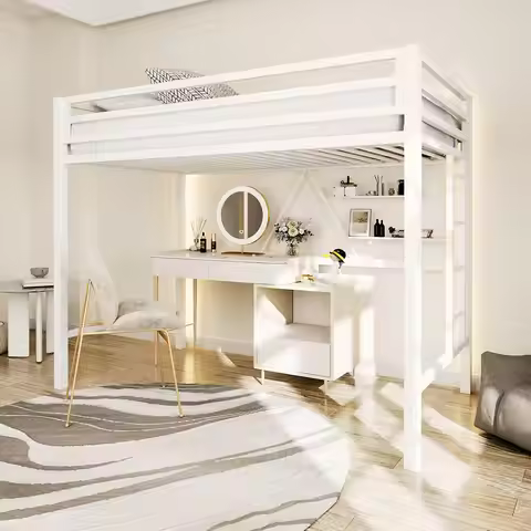Metal Loft Twin Bed with Guardrail & Ladder Space Saving Bedroom Furniture No Box Spring Cream Custo