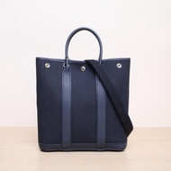 HERMES(愛馬仕) GARDEN PARTY 花園包 豎版 28cm 89黑色拼76印度藍 帆布 Z刻 銀扣