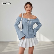 Lovito Blaus Kasual Corak Berjalur Kancing Ruffle Blaus untuk Wanita L61AD024 (Multi-warna)