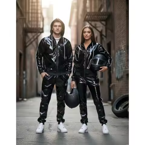 2026 Men's and Women's PU Leather Hoodie Suit Leisure Sportswear Hoodie Jogging Suit Sportswear Suit