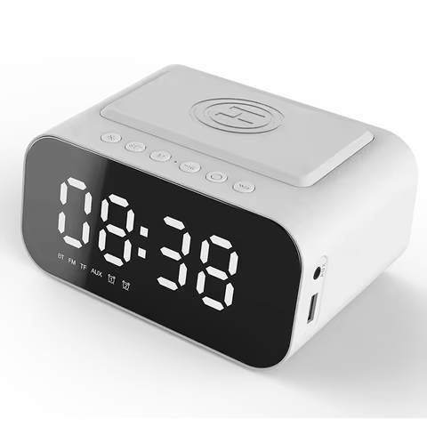 Digital Alarm Clock Bluetooth Speaker FM Radio Wireless Charger Phone Charging Pad USB Fast Charger 