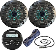 Kicker All-Weather Marine Gauge Style Bluetooth USB Stereo Receiver Bundle Combo with (Qty 2) 6.5" 2-Way 195W Max Coaxial Marine LED Speaker w/Charcoal Salt Water Grille, 16-Gauge Wire, Antenna