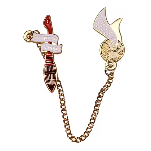 Nimbus 2000 broomstick Golden snitch enamel pin with chain Magic Wizarding World Bookish Fans Flair 