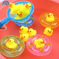 OPENMALL 5Pcs/set Baby Floating Duck Bath Toys Mini Swimming Rings Rubber Yellow Ducks Fishing Net B