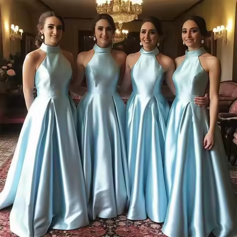 Vintage Halter Sky Blue Satin Bridesmaid Dresses Lovely Sleeveless A Line Wedding Party Dress Custom