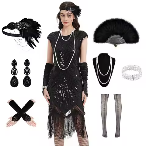 Women's Flapper Dresses 1920s Sequin Fringe Beaded Cocktail Crew Neck Dress Roaring 20s Accessories 