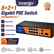 ZoeRax PoE Switch Gigabit 8 Port 10/100/1000M | 120W IEEE 802.3af/at | 2 Uplink + 1 SFP | CCTV IP Ca