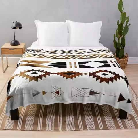 Tribal Aztec Gold and Black Design Throw Blanket Multi-Purpose Quilt Hairy Flannels Blankets