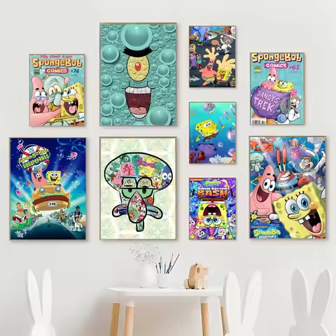 1pc Poster Self-adhesive Art Waterproof Paper Cute-Sponges-And-B-Bob-Square-Cute-Pants Sticker Coffe