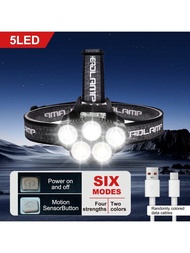 1個5LED超強耐用頭燈，具有多種模式，USB充電和紅外線感應頭燈-適合戶外探險，远足，釣魚和維護