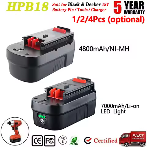 1~4Pcs 4.8Ah Ni-MH/7.0Ah Li-on HPB18 Replacement for Black and Decker 18Volt BA18 A1718 A18NH A18E H
