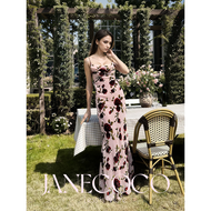 JaneCoco  ชุดเดรสสไตล์ยุโรป ลายดอกกุหลาบ เดรสยาวรัดรูป โชว์แขน ไหล่ สายเดี่ยวพร้อมส่ง