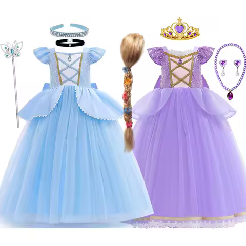 Girls Princess Dress Cinderellas Ball Gown Costume Flying Sleeve Big Bow Blue Purple Dress Fancy Car