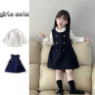 Kids Girl Dress Set Long Sleeves Shirt with Vest Dress Kids Girl Outfit