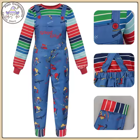 Chucky Cosplay Costume Short-Sleeve Dress + Adjustable Suspenders Full Set High Quality Cosplay Cost