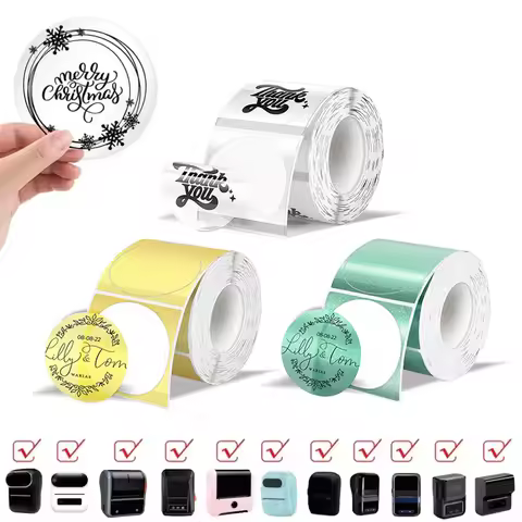 50x50mm 150PCS Round Thermal Labels Clear Green Golden Adhesive Label Roll Paper Compatible with M11