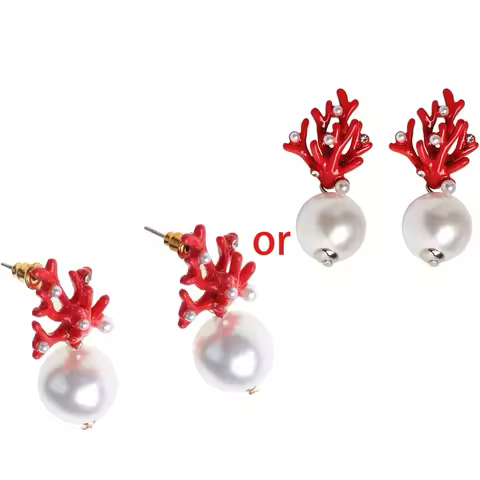 Red Coral Deer Antler White Faux Pearl Christmas Earrings Fashion Xmas Gift