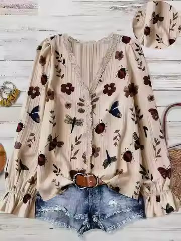 Vivi Plus-Size Women's New Fashion Printed Shirt Top Elegant Casual Top