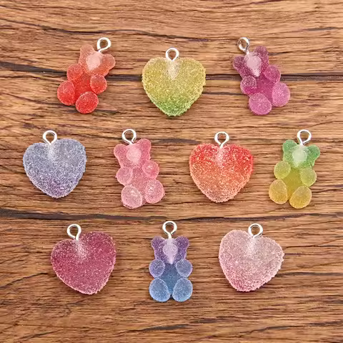 20Pcs Mix Size Colorful Bear Hearts Charms Resin Cabochons Glitter Gummy Candy Necklace Keychain Pen