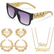 JATEBI 80s 90s Hip Hop Costume Outfit Jewelry Rapper Accessories Set with Glasses Bamboo Earrings Le