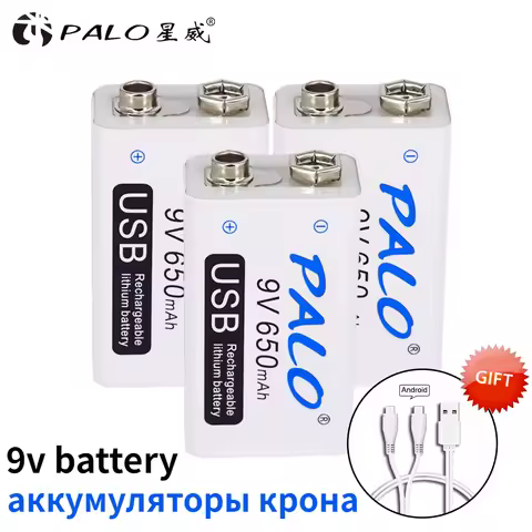 PALO 9V USB Lithium Battery 650mAh 6F22 Li-Ion Rechargeable Batteria 9 Volts for Toys Massagers Mult