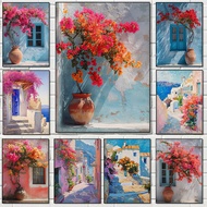 Greece Santorini Greece Island Flowers Window Landscape Prints Canvas Painting Poster Wall Picture