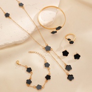 Black 4-leaf Clover Jewelry Set 5pcs Earrings Necklace Bracelet for Ring