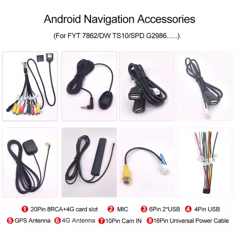 8RCA 4G Card Slot Mic/Microphone/Reversing Cam in/4G Antenna/GPS Antenna/USB Cable For Android Navig