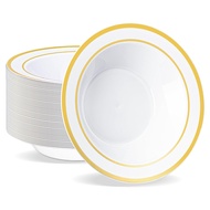 Plastic Bowls 50 PCS Set with Gold Rim 7.5 Inch 12 Oz Disposable Soup Bowl Heavy-Duty Dessert Salad