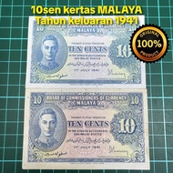 A908 10sen kertas MALAYA duit zaman British 10sen lama duit syiling lama barang antik barang lama